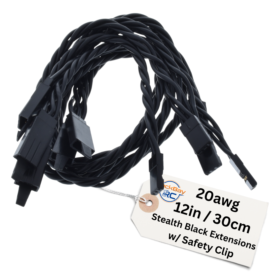 Stealth Series: JR / Hitec Servo Extension Leads with Heavy Duty Twisted 20awg Wire and Safety Clips - 11 Lengths