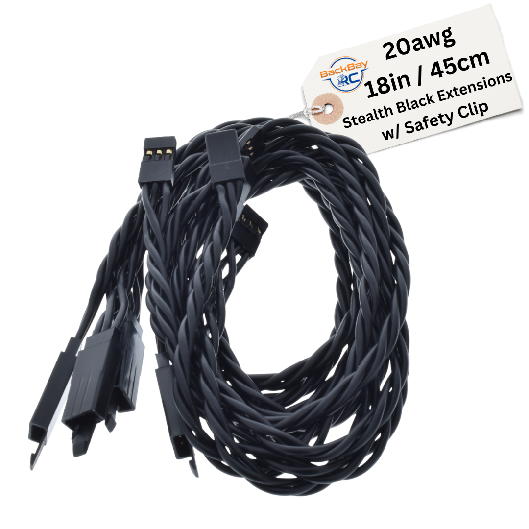 Stealth Series: JR / Hitec Servo Extension Leads with Heavy Duty Twisted 20awg Wire and Safety Clips - 11 Lengths