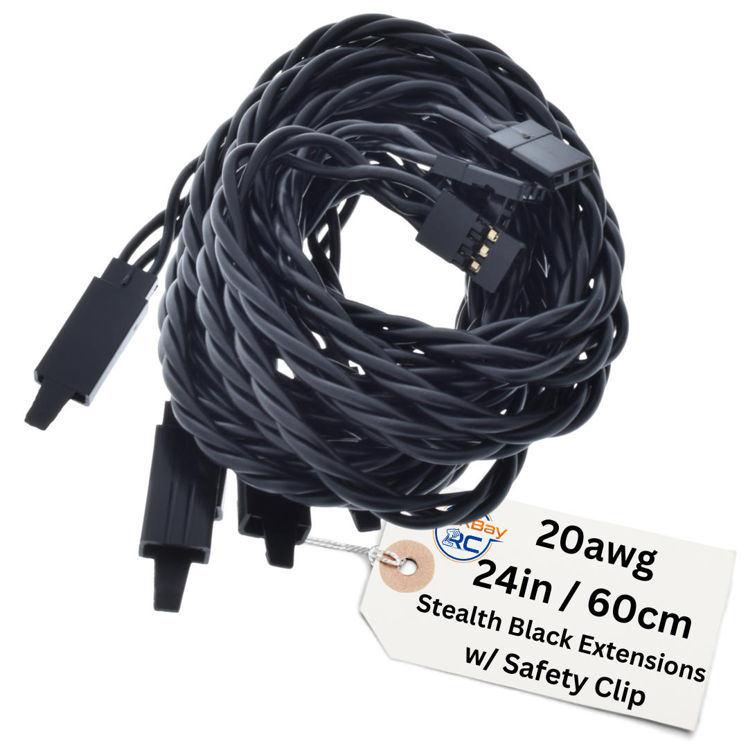 Stealth Series: JR / Hitec Servo Extension Leads with Heavy Duty Twisted 20awg Wire and Safety Clips - 11 Lengths