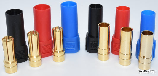 XT150 6MM Bullet Connector Plug Set (Red / Black / Blue, Male / Female) - 150+ Amps